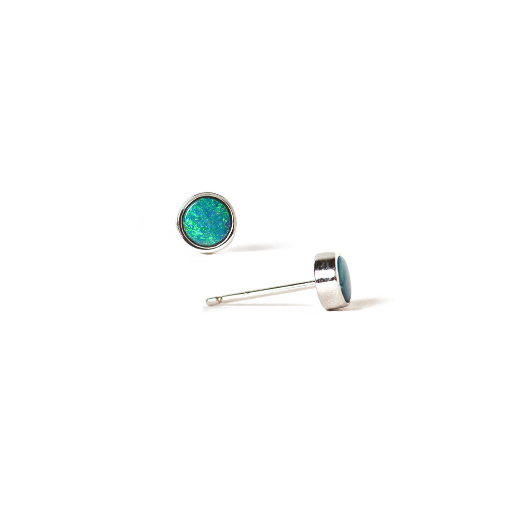 Round Opal Stud Earrings in Sterling Silver, Doublet Blue Green - Side View