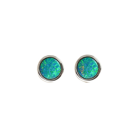 Round Opal Stud Earrings in Sterling Silver, Doublet Blue Green
