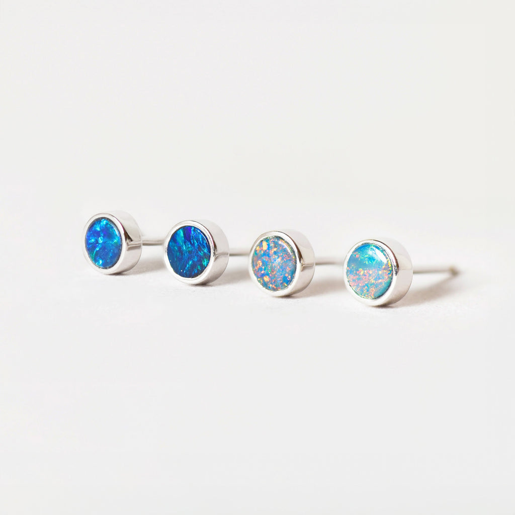 Round Opal Stud Earrings in Sterling Silver, Doublet - Mood Shot