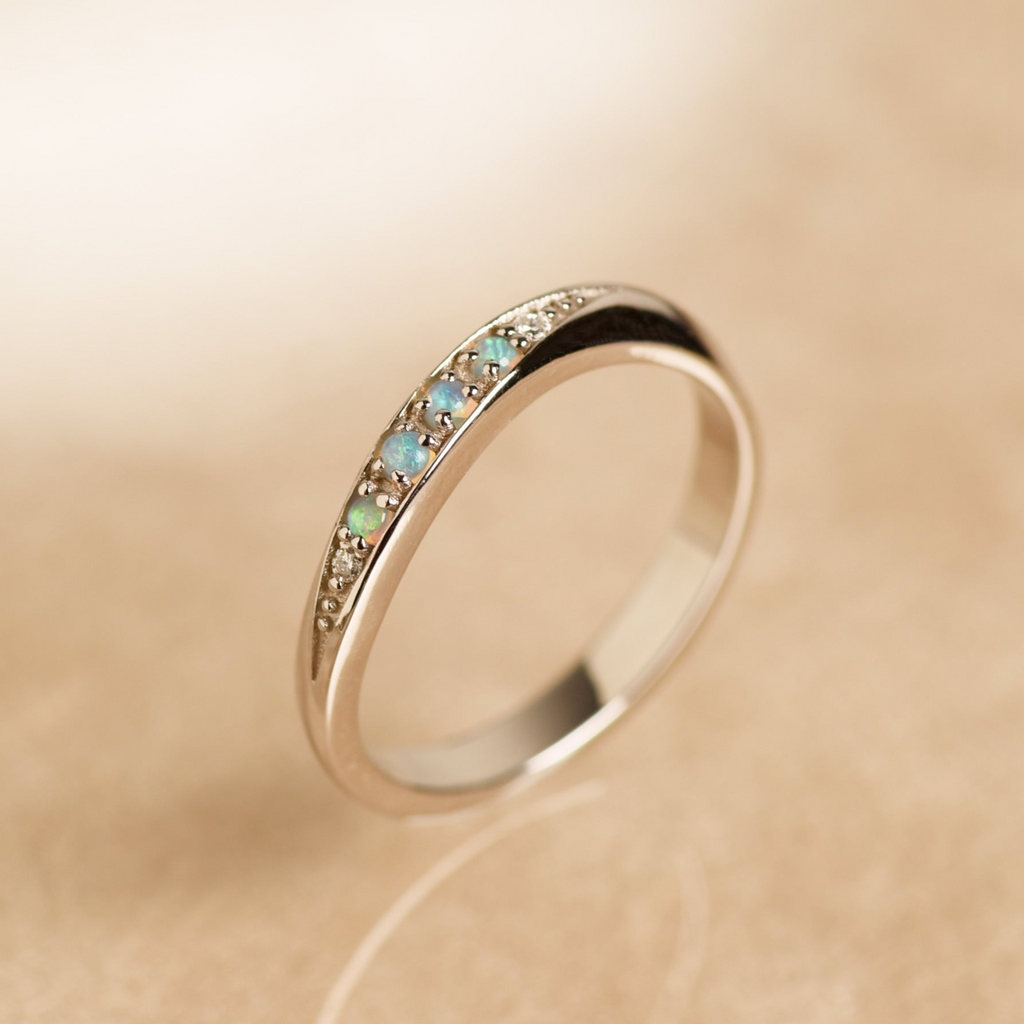 Serenus Opal Band Ring with Diamonds in White Gold