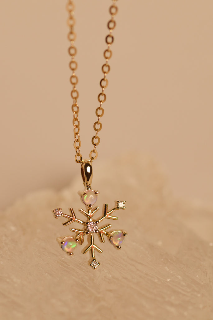 Snowflake Opal Necklace with Diamonds in Yellow Gold - Mood Shot