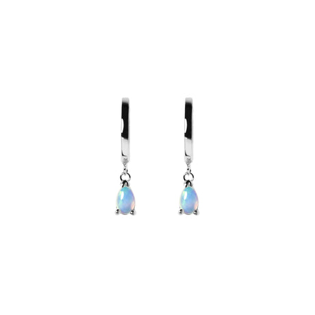 Teardrop Opal Huggie Earrings in White Gold, Blue