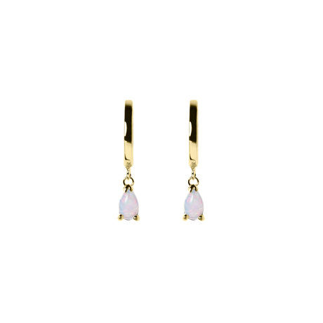 Teardrop Opal Huggie Earrings in Yellow Gold, White
