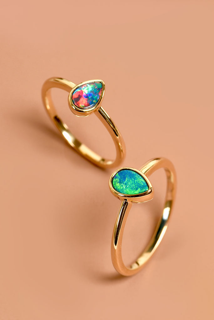 Teardrop Opal Rings in Yellow Gold, Doublet - Mood Shot
