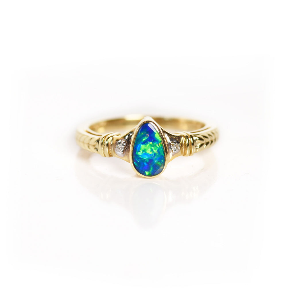 Wheat Opal Vintage Ring with Diamonds in Yellow Gold