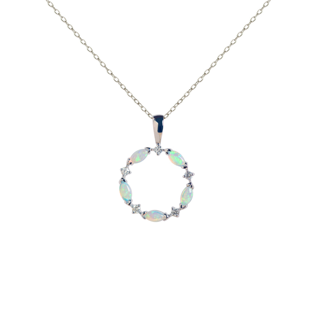 Wreath Green Blue Opal Necklace with Diamonds in White Gold