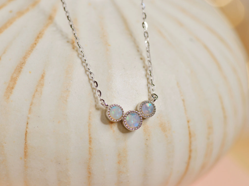Bliss Blue Opal Necklace in Sterling Silver, Three Stones - Mood Shot