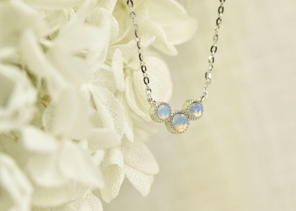 Bliss Blue Opal Necklace in Sterling Silver, Three Stones - Mood Shot