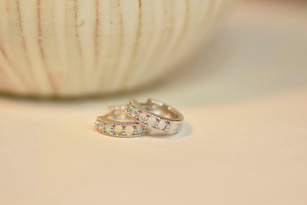 Bliss Opal Hoop Earrings in Sterling Silver, Blue - Mood Shot