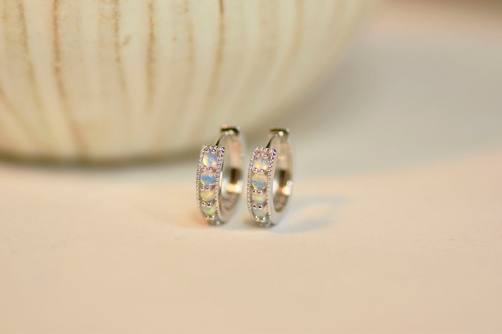 Bliss Opal Hoop Earrings in Sterling Silver, Blue - Mood Shot