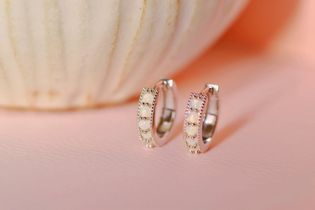 Bliss Opal Hoop Earrings in Sterling Silver, White - Mood Shot