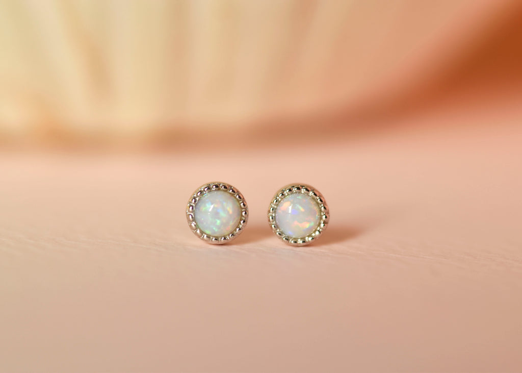 Bliss Opal Stud Earrings in Sterling Silver, White - Mood Shot