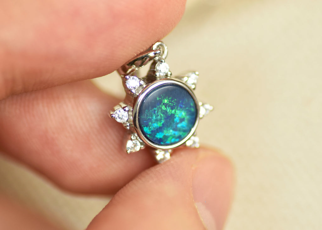 Little Sun Opal Necklace in Sterling Silver, Doublet - Mood Shot
