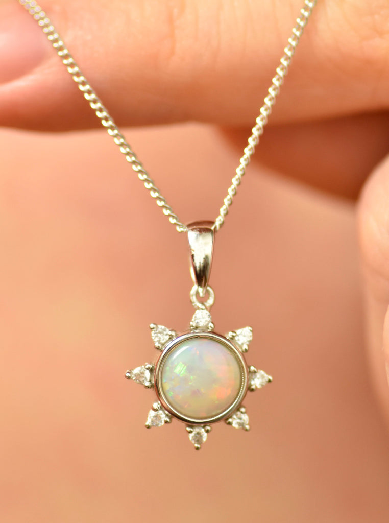 Little Sun Opal Necklace in Sterling Silver, White - Mood Shot