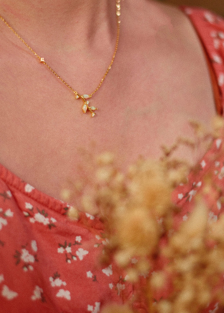 Model wearing Branch Opal Necklace in Sterling Silver, Yellow Gold Plated