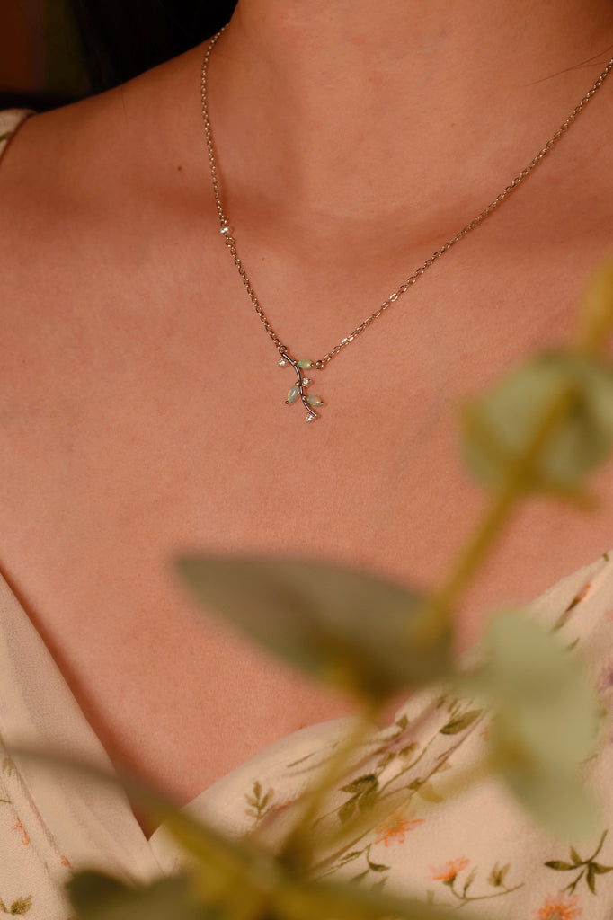 Model wearing Branch Opal Necklace in Sterling Silver
