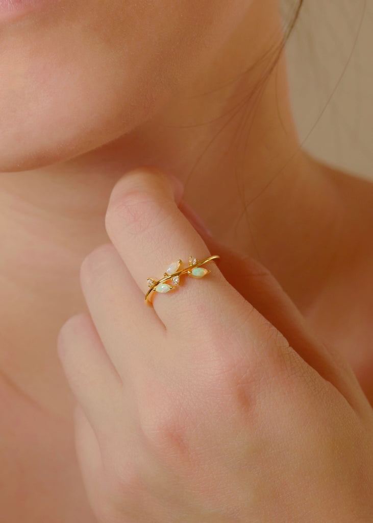 Model wearing Branch Opal Ring in Sterling Silver, Yellow Gold Plated