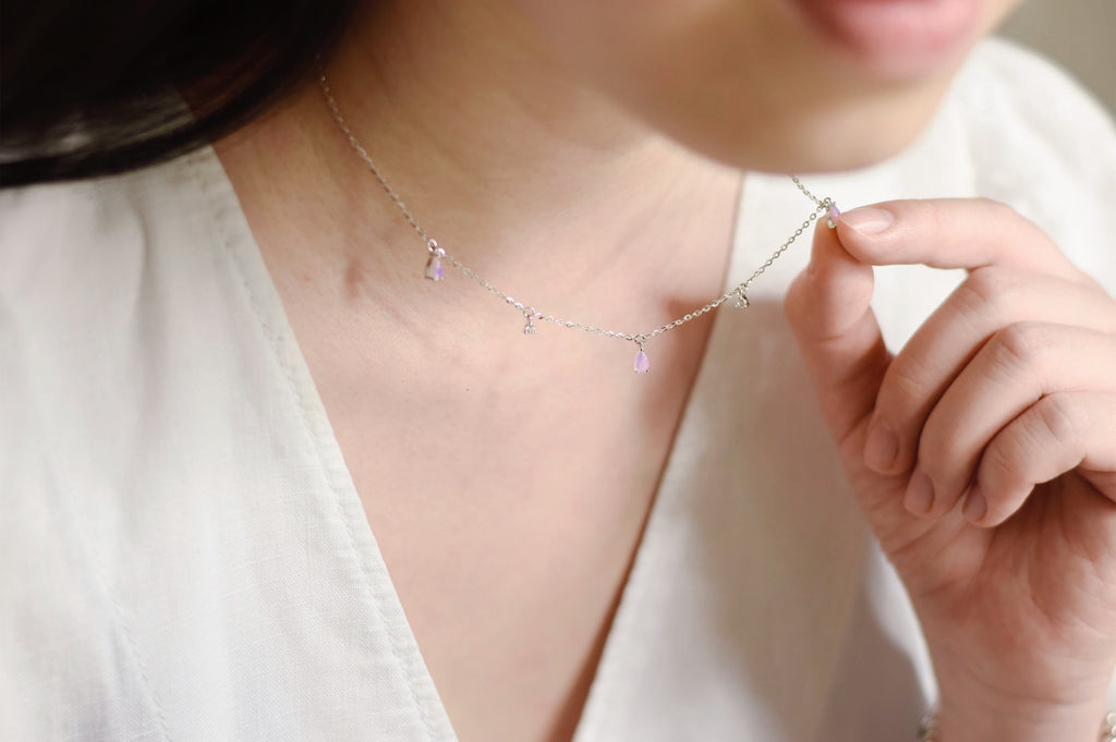 Model wearing Drizzle Opal Necklace in Sterling Silver