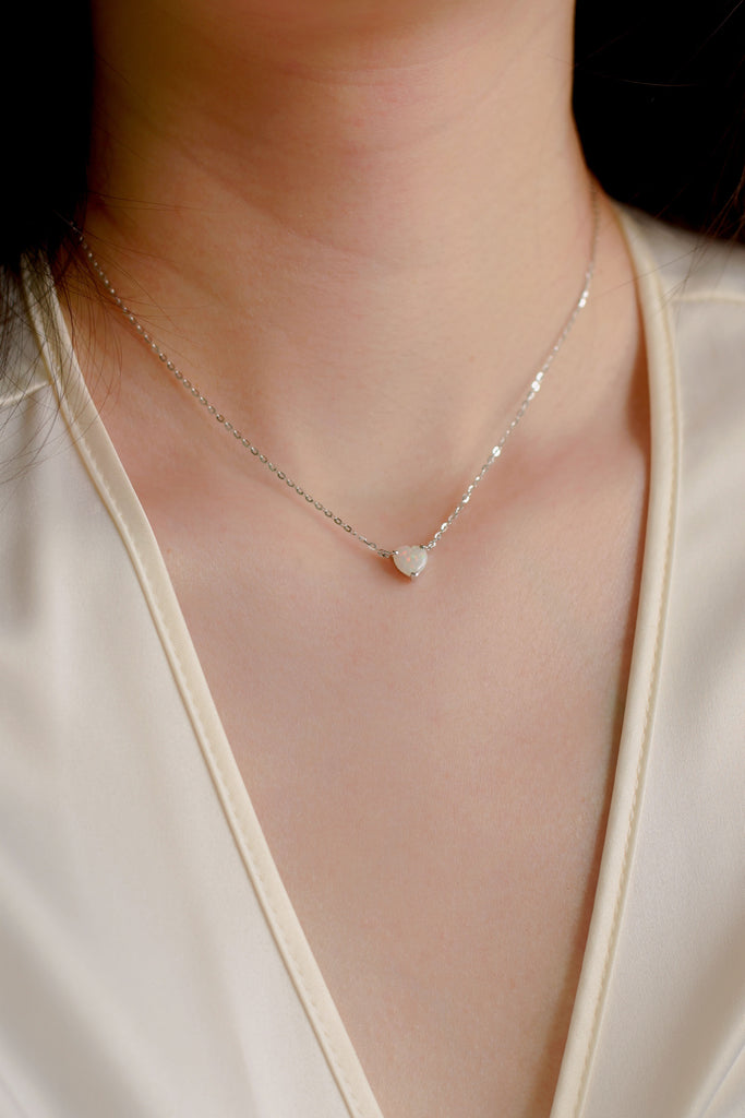Model wearing Heart Opal Necklace in Sterling Silver