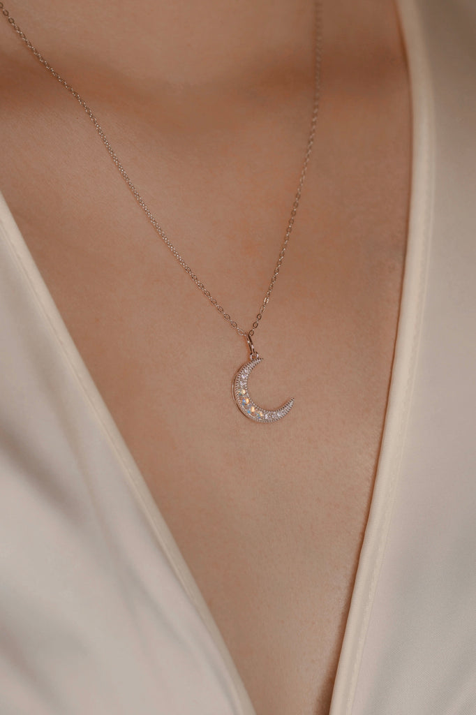 Model wearing Luna Opal Necklace in Sterling Silver