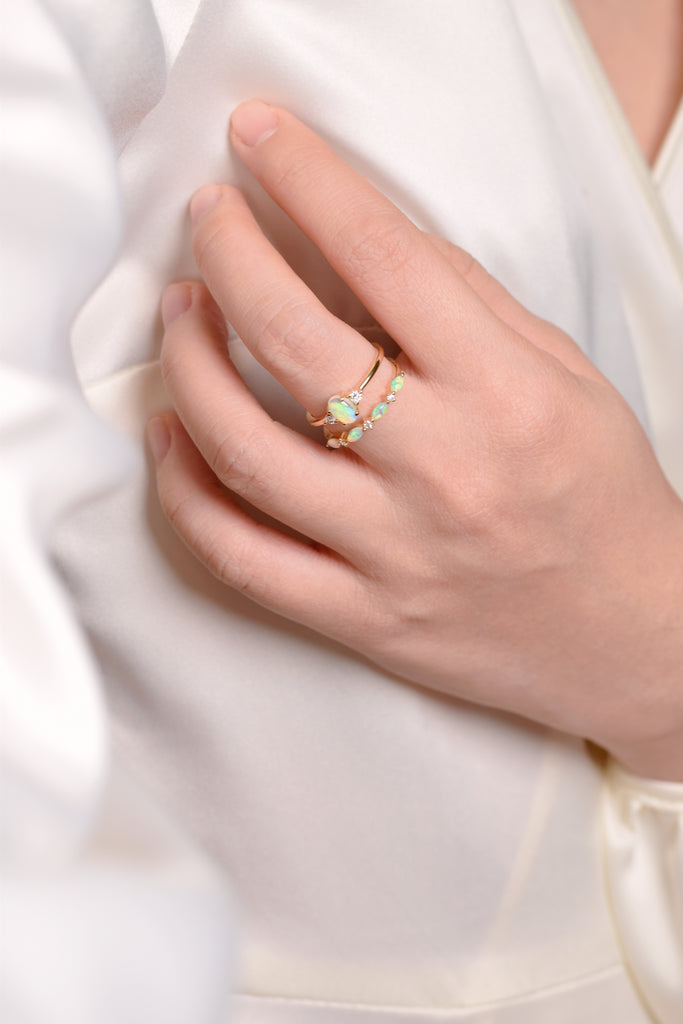 Model wearing Marquise Opal Band Ring with Diamonds in Yellow Gold, stackable