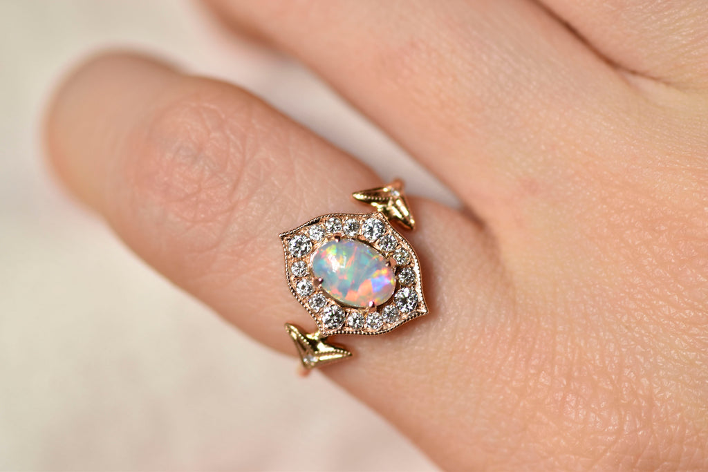 Model wearing mY Amr. 322 Opal Ring with Diamonds in Rose Gold
