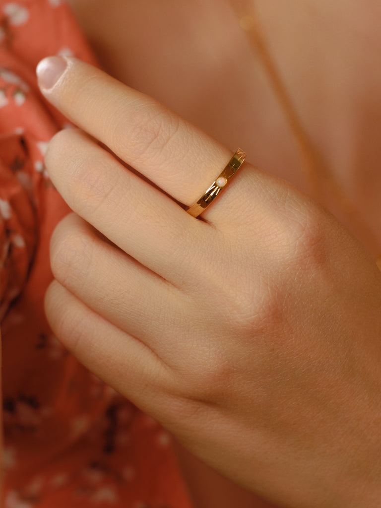Model wearing Opal Ring Silver Band, Yellow Gold Plated