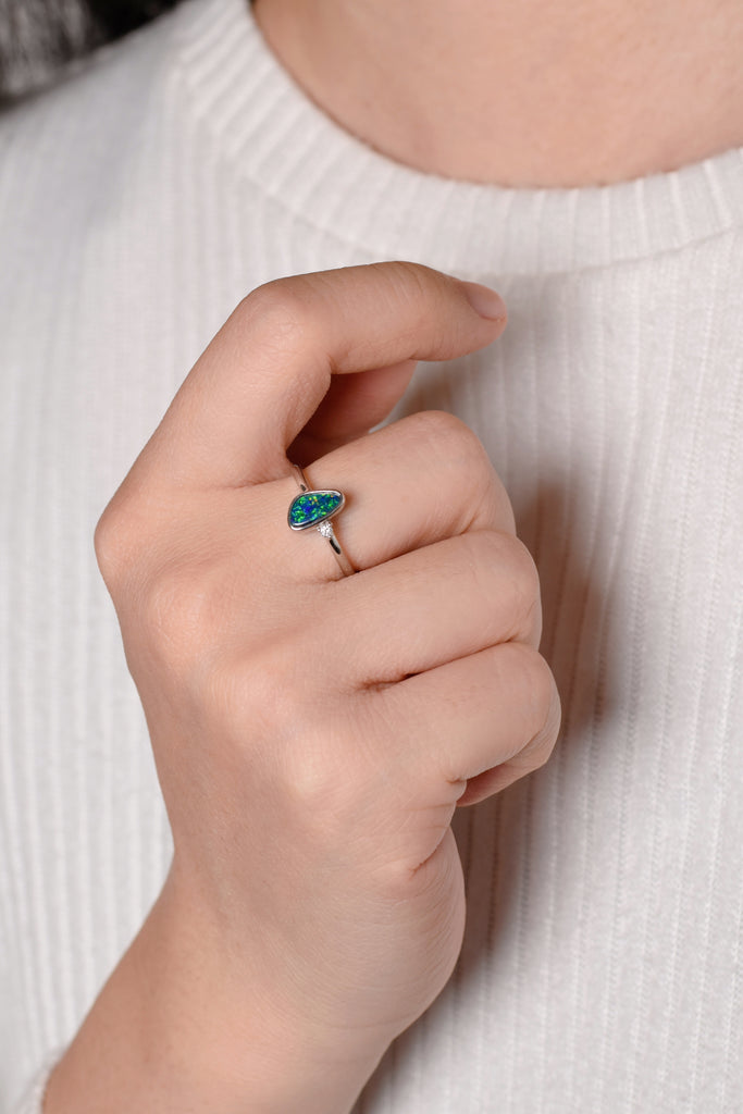 Model wearing Prather Opal Ring with Diamond in White Gold