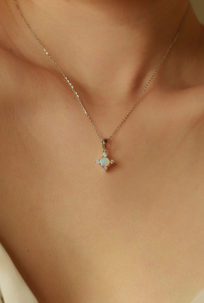 Model wearing Starlike Opal Necklace in Sterling Silver