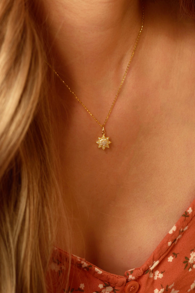 Model wearing Sunlight Opal Necklace in Sterling Silver, Yellow Gold Plated