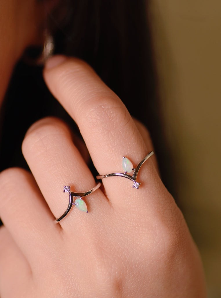 Model wearing Teardrop Opal Ring in Sterling Silver