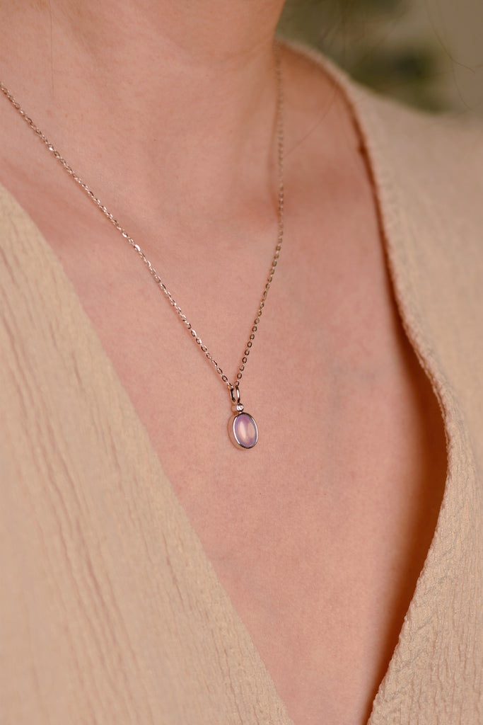Model wearing Violet Crystal Opal Necklace in Sterling Silver