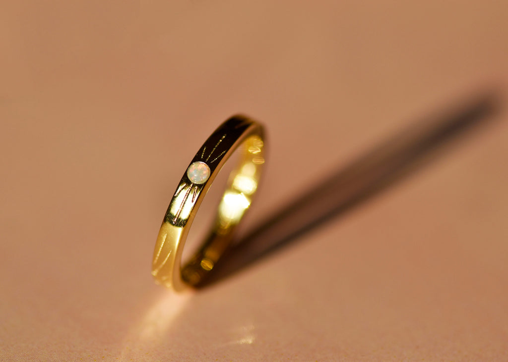 Opal Ring Silver Band, Yellow Gold Plated - Mood Shot