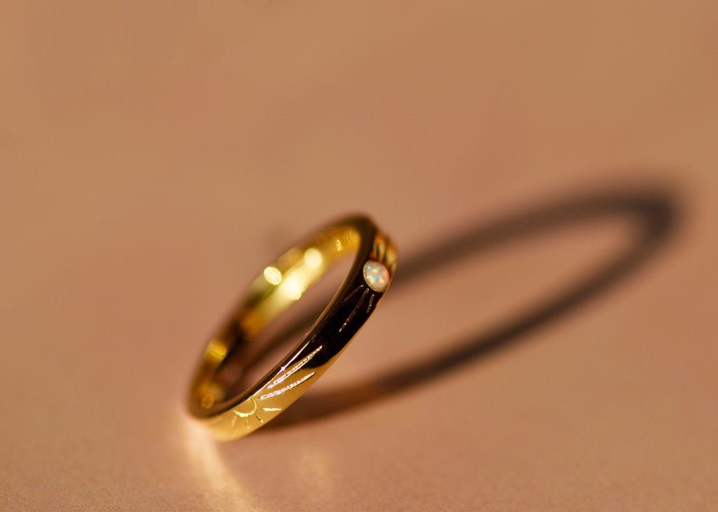 Opal Ring Silver Band, Yellow Gold Plated - Mood Shot