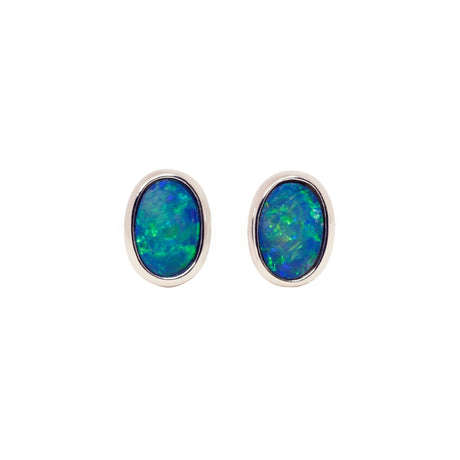 Oval Opal Stud Earrings in Sterling Silver, Doublet Small