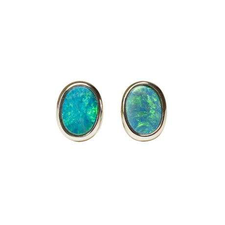 Oval Opal Stud Earrings in Sterling Silver, Doublet