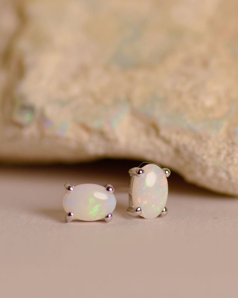 Oval Opal Stud Earrings in Sterling Silver, White - Mood Shot