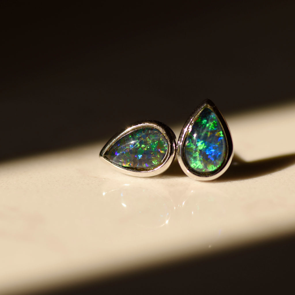 Pear Opal Stud Earrings in Sterling Silver, Triplet - Mood Shot