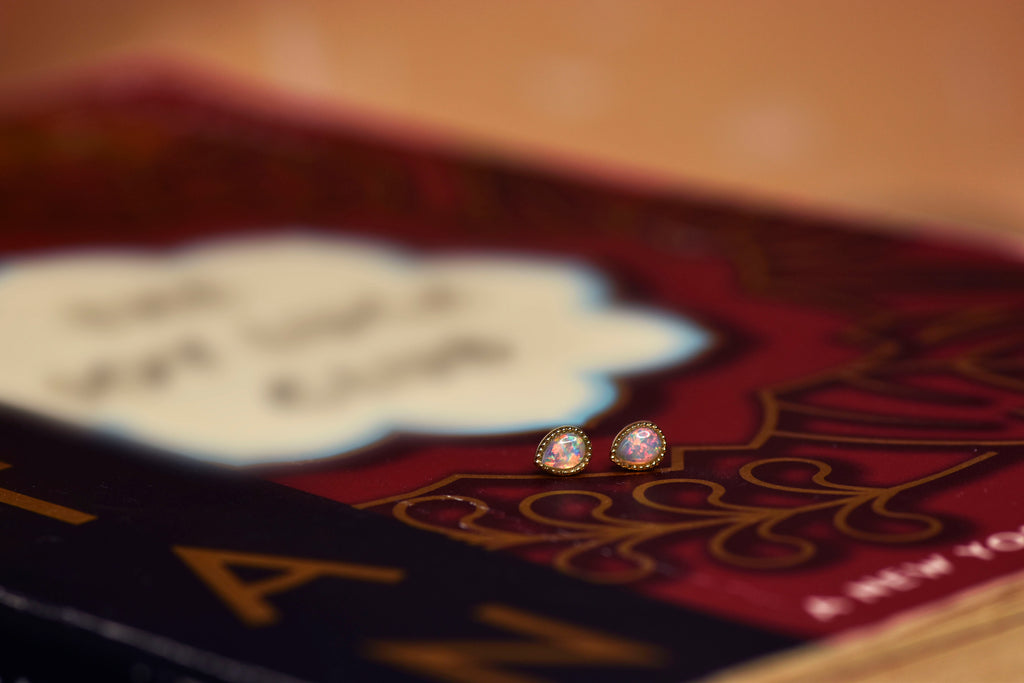 Pear Opal Stud Earrings in Yellow Gold - Mood Shot