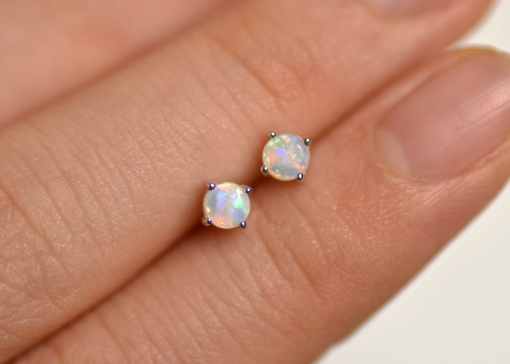 Round Opal Stud Earrings in Sterling Silver, White - Mood Shot