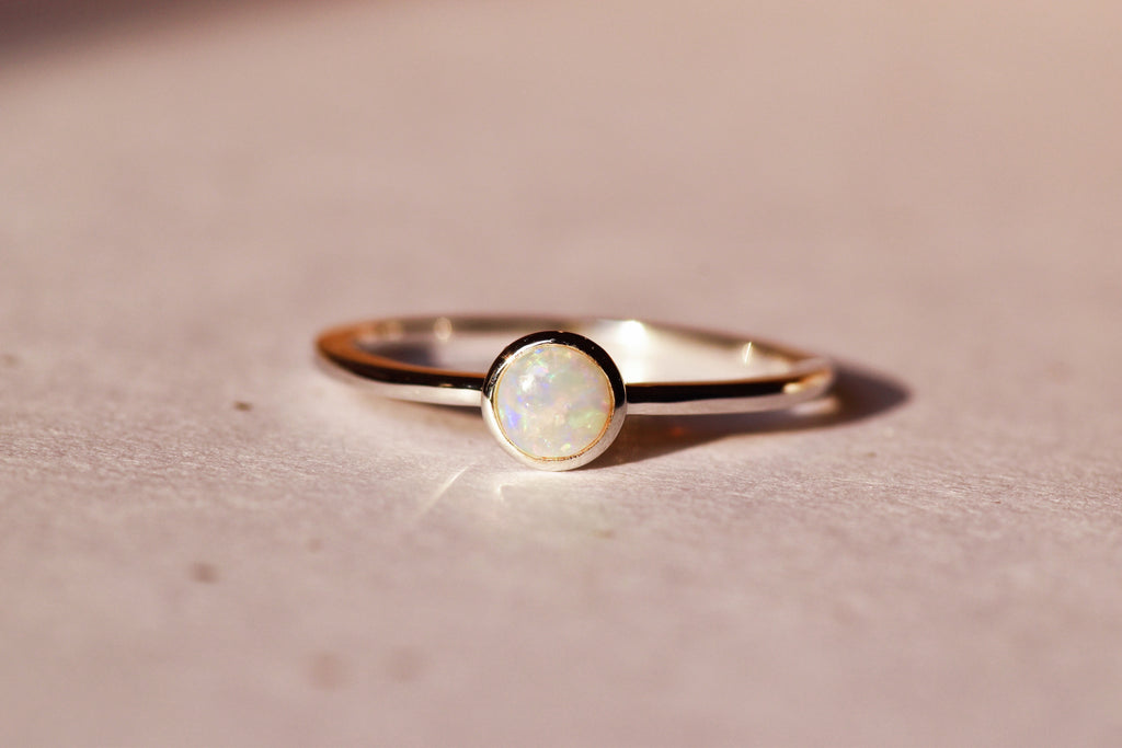 Round White Opal Ring in Sterling Silver - Mood Shot